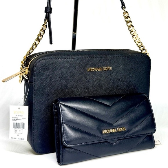 Michael Kors Large Logo Crossbody Bag & Matching Quilted Trifold Wallet Black - Picture 3 of 11